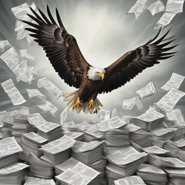 An eagle flies over piles of tax forms and calculators, representing expertise in managing complex filing processes.