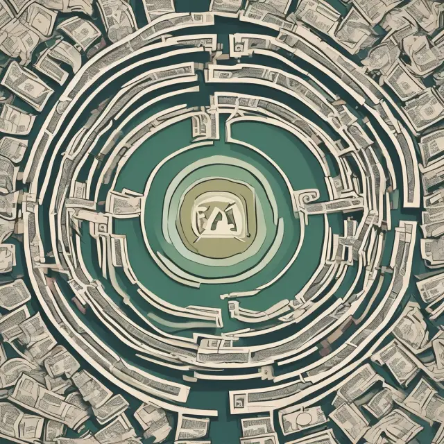 A person wearing a taxpayer hat stands at the entrance of a labyrinth filled with symbols representing various tax payment methods: e-filing, mailing checks, electronic funds transfers, and cash.