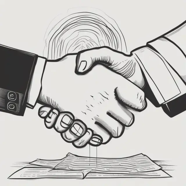 Two hands shaking on a table with an open ISDA Master Agreement between them, illustrating a secure agreement in OTC derivatives markets