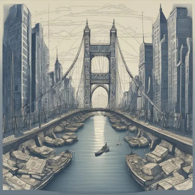 A stylized representation of the ISDA Master Agreement as a bridge connecting two sides of a derivatives market, emphasizing improved transparency, increased liquidity, and adaptability.