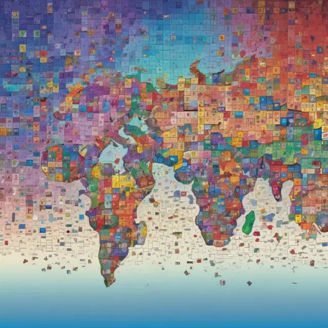 An artistic representation of various interconnected stock markets forming an iShares ETF through a mosaic design, symbolizing global investment diversity and integration.