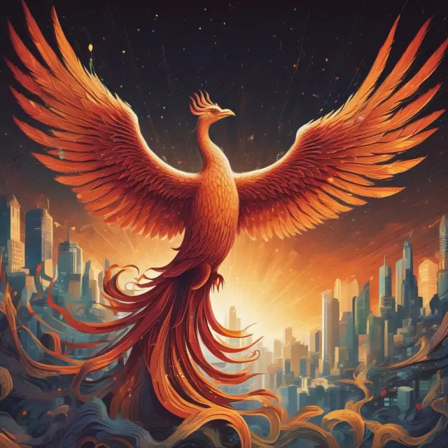 A mythical phoenix emerging from a vast sea of data, representing the transformative insights gained through analyzing the PMI number