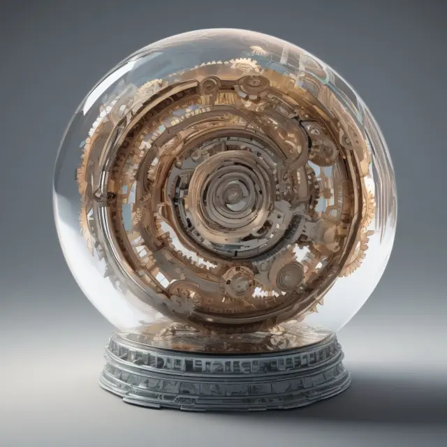 A crystal ball containing gears and an ISM report, symbolizing the valuable insights gained from analyzing manufacturing data.