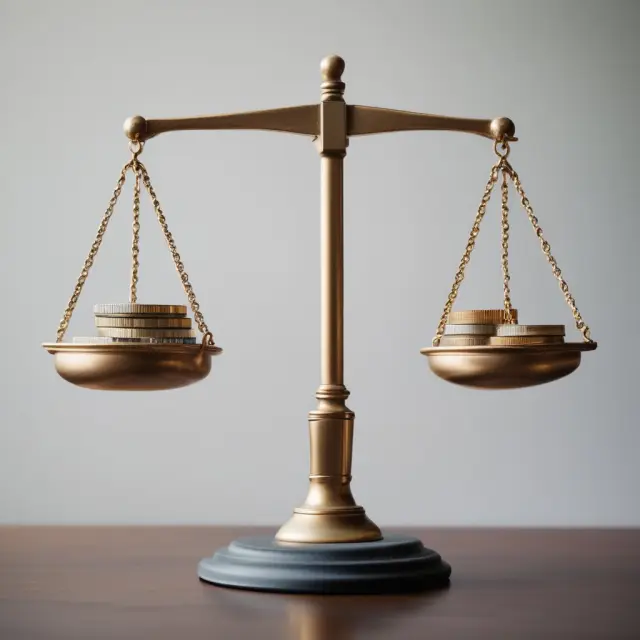 A balance scale with gold coins on one side representing equity (stocks) and silver bars for debt (bonds), emphasizing the delicate decision between raising capital through stocks or bonds.