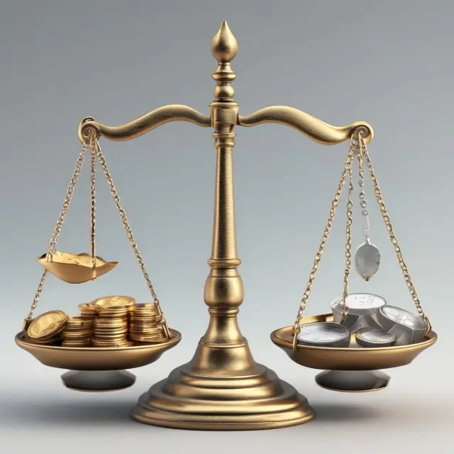 A balance scale holding coins (debt) and gems (equity), symbolizing a well-balanced capital structure