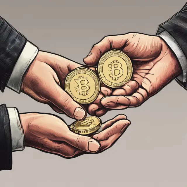 A hand representing an issuer offering a golden coin to a hand symbolizing an investor