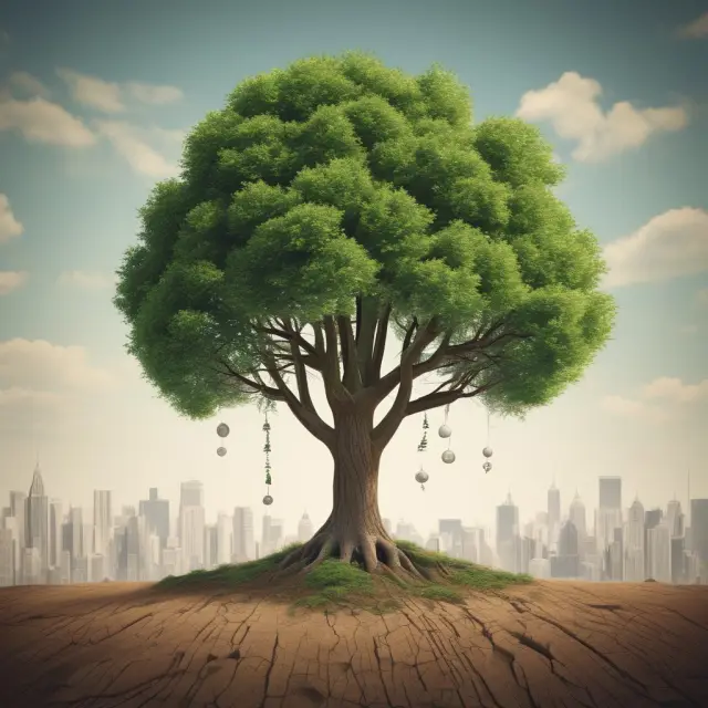 A flourishing tree symbolizing a company, with roots reaching down to represent issued securities like shares or bonds, growing within a thriving financial garden