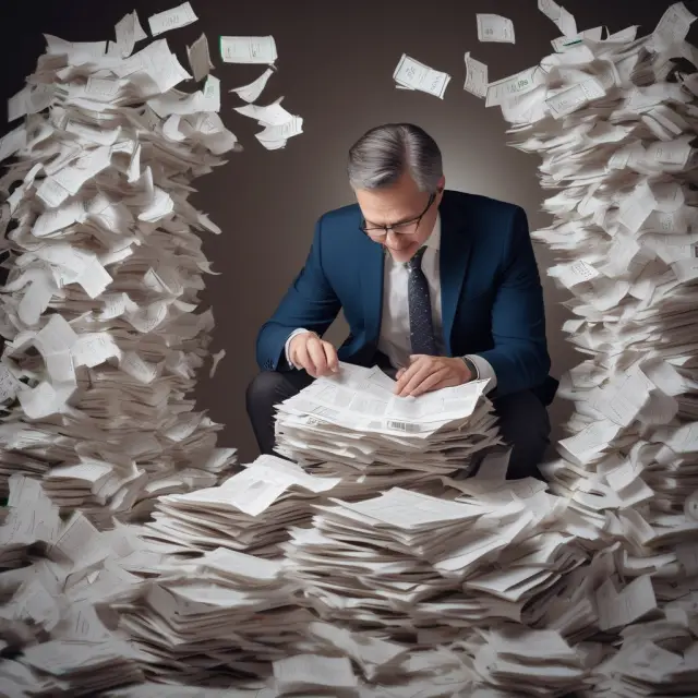 A taxpayer meticulously sorting through a pile of receipts on Schedule A, discovering and carefully arranging qualifying itemized deductions