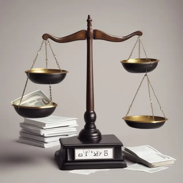 A balanced scale weighs the pros and cons of itemizing deductions, with piles of medical bills, business receipts, and charitable donations.