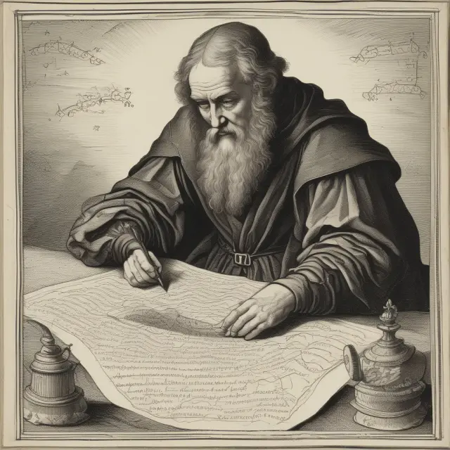A scholar is seen engrossed in deciphering complex formulas on a parchment, while an ethereal glow emanates from the Black-Scholes model, revealing implied volatility