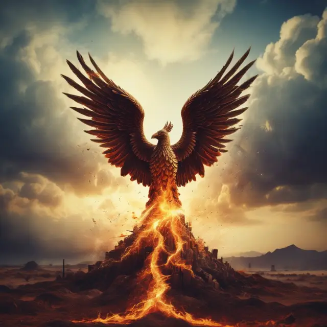 Phoenix rising up from flames, forming a J-curve, representing the transformation and profitability in private equity investments.