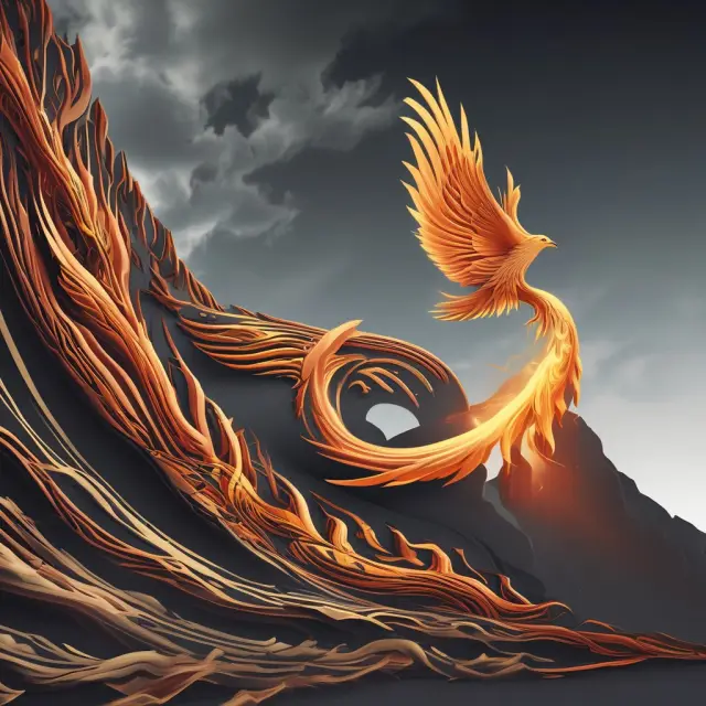 A visualization of the J-curve economic trendline with a phoenix emerging, representing strategic planning