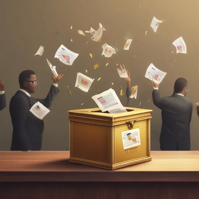 A golden ballot box filled with J securities, symbolizing shareholder votes and decision-making