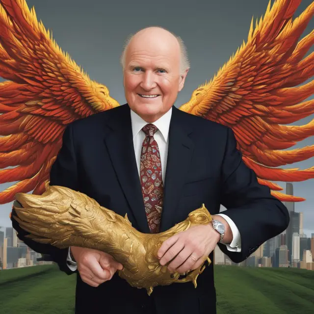 An image of Jack Welch symbolically turning GE into a majestic, rising phoenix, symbolizing its growth and transformation under his leadership
