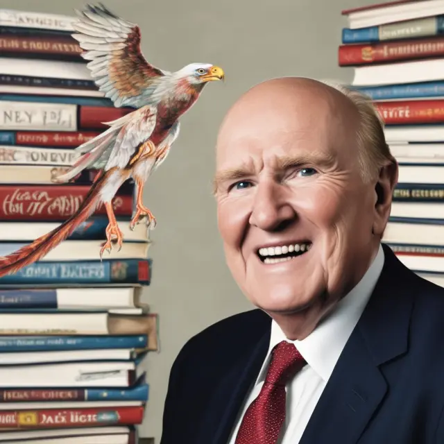 An image of Jack Welch symbolically rising as a phoenix amidst a sea of books, representing his post-GE career as a speaker and writer