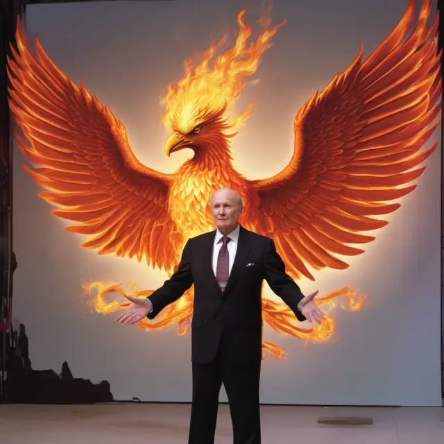 Jack Welch depicted as a phoenix, emerging from the flames of tough business decisions, signifying General Electric