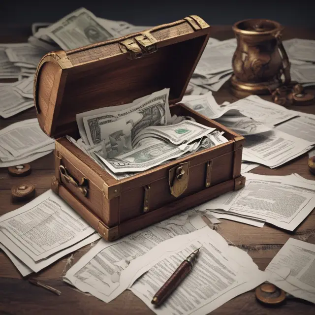 Lucky hand digging up treasure chest with calculator and tax forms to illustrate taxes on jackpots.