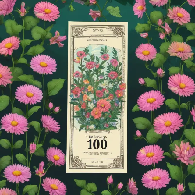 A lottery ticket transforms into a thriving garden, representing financial growth and prosperity post-windfall