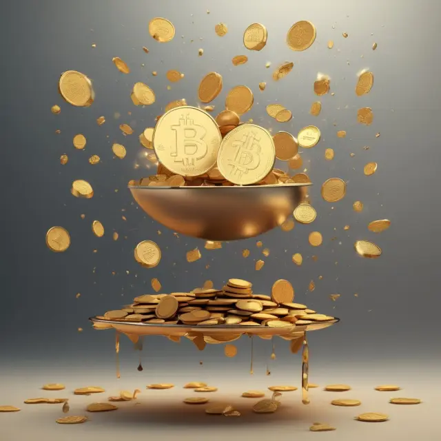 Golden coins rain down, symbolizing an unexpected financial windfall, while maintaining a balanced investment portfolio is depicted below