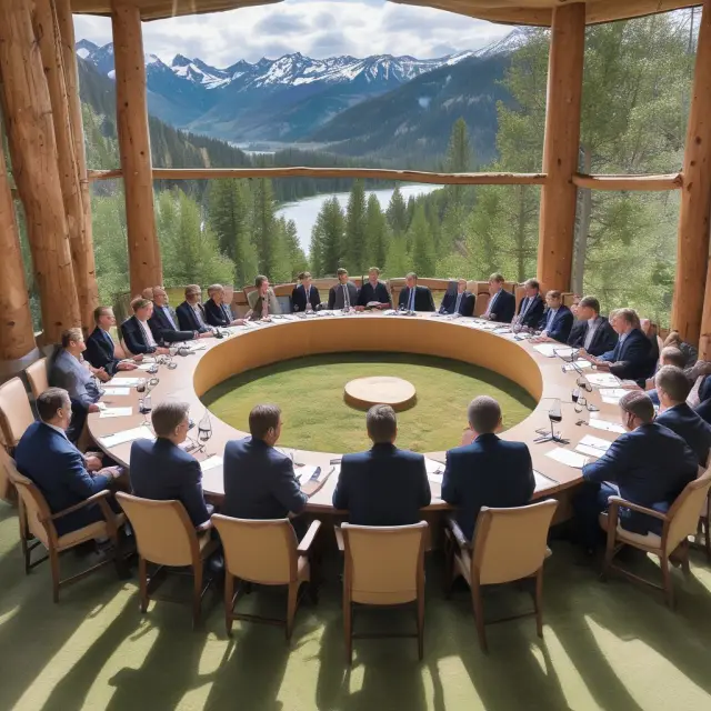 Central bankers collaborating at the Jackson Hole Economic Symposium, discussing monetary policy in front of a river of data.