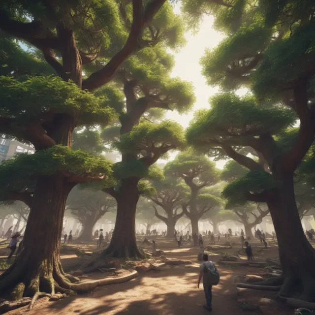 Tech giants depicted as massive trees with extensive roots, transforming diverse economic landscapes