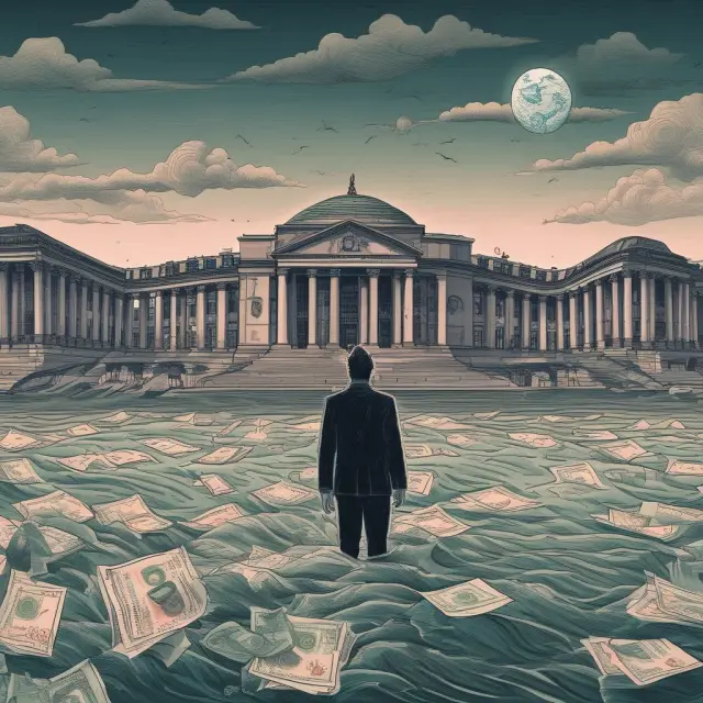 An expansive ocean representing central bank balance sheets soothing financial turbulence, symbolizing the potential impact on market stability.