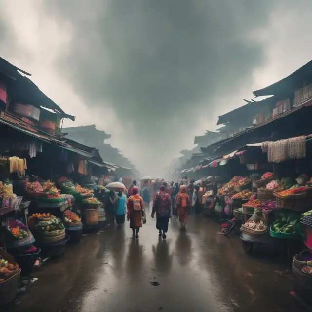A bustling Indonesian marketplace with various traders, overlooked by a mirror revealing market uncertainty and risks