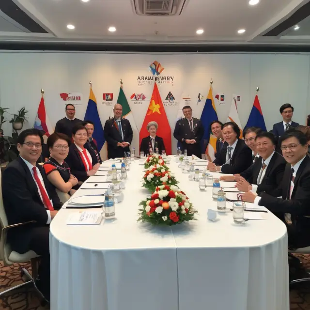 The Indonesia Stock Exchange (IDX) symbolically anchors the table representing the Association of Southeast Asian Nations (ASEAN), emphasizing their collaboration for economic integration and growth.