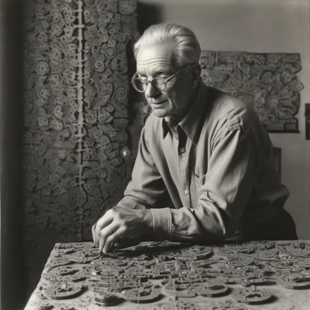 Jan Tinbergen working on a puzzle of interconnected gears, representing targets and their corresponding policy instruments (economic objectives)