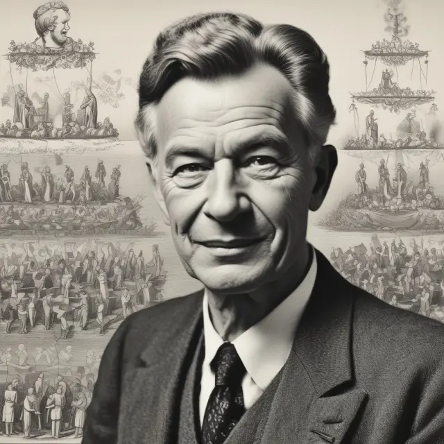 Jan Tinbergen balances income disparities on a scale, symbolizing the Tinbergen Norm and its potential impact on societal stability