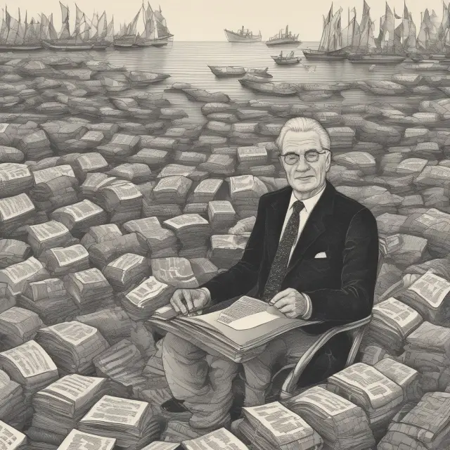 Professor Jan Tinbergen navigating econometric waters in a ship representing his multifaceted career in government, education, and consulting.