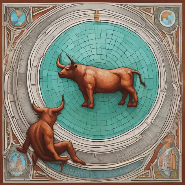 A controversial seesaw of bulls and bears on a mosaic representing global financial markets, with inconsistent January returns