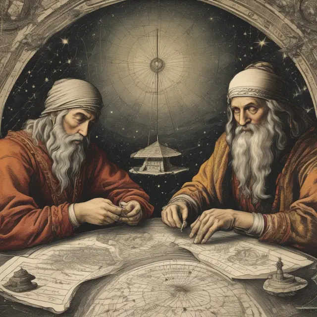Institutional investors examining stock market trends by analyzing the January Barometer, depicted as ancient fortune tellers interpreting celestial patterns