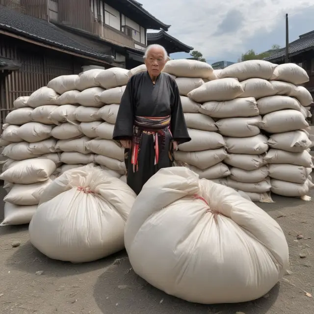 An elderly samurai stands resiliently amidst a sea of deflating rice bags, representing Japan