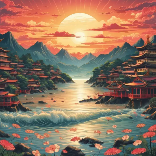 A Japanese sun rising above the ocean, with various ETF symbols representing popular Japan ETFs scattered around it