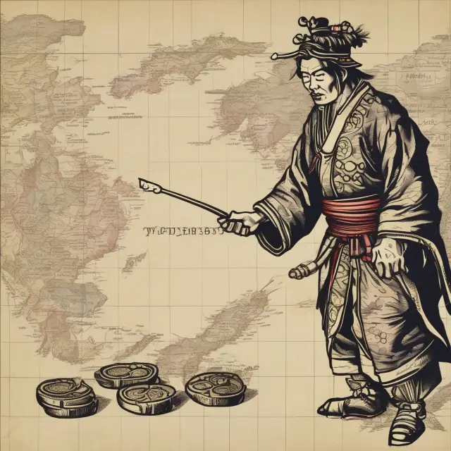 A samurai warrior assesses gold coins against an Asian map, representing Japan ETFs and investment decisions.
