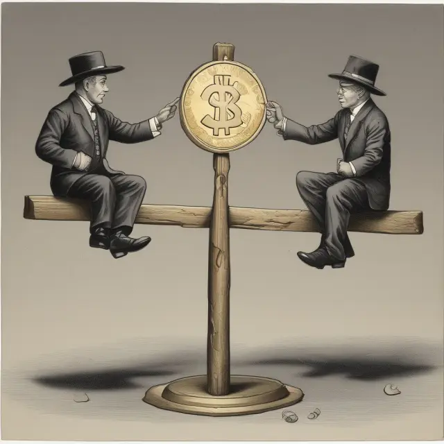 Two coins representing the Yen and Dollar performing a dance as they exchange hats on a seesaw, demonstrating currency hedging.
