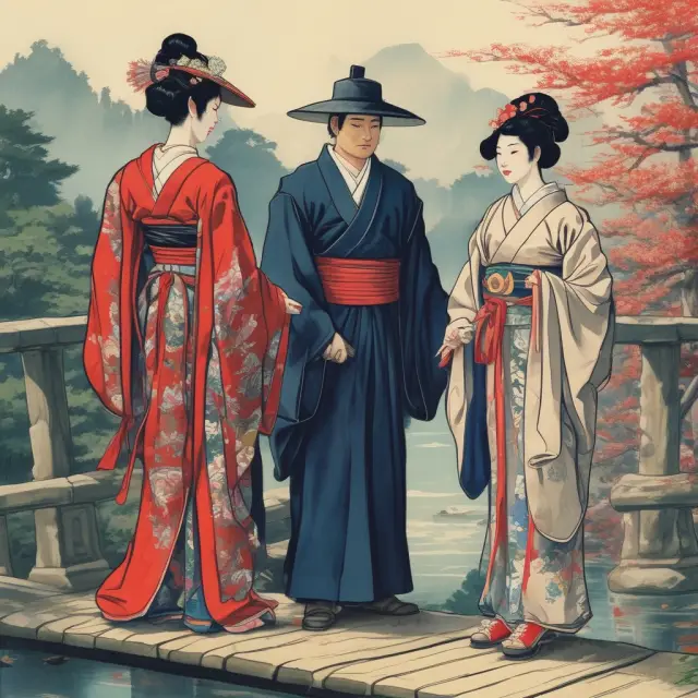 Japanese Samurai and Geisha working together on a wooden bridge, representing the harmonious relationship between the Japanese government and corporations during Japan Inc.