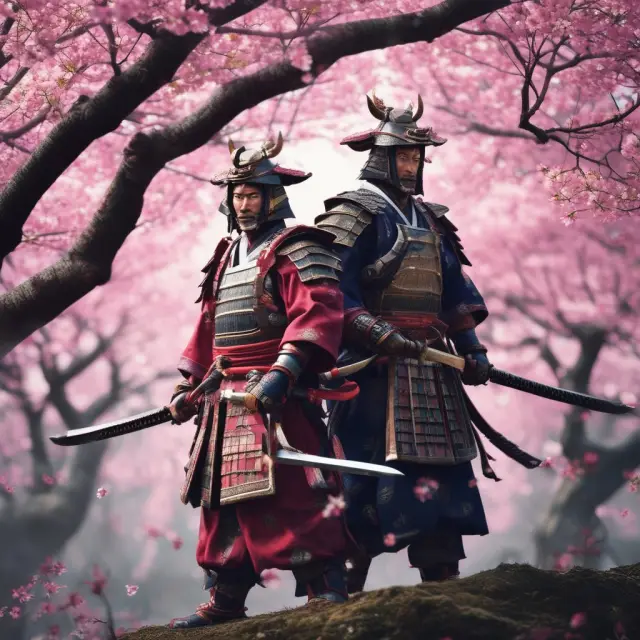 Two warriors emerging from a blooming cherry blossom tree, signifying the strength and resilience of Japan