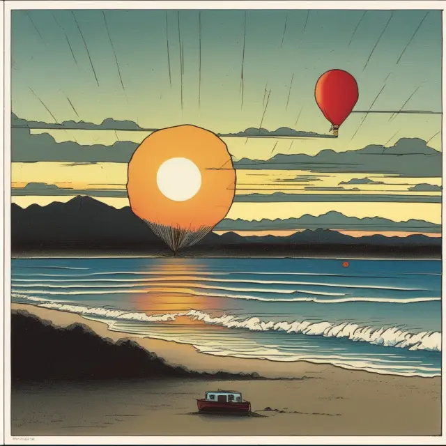 Sun setting behind a deflated balloon, representing Japan