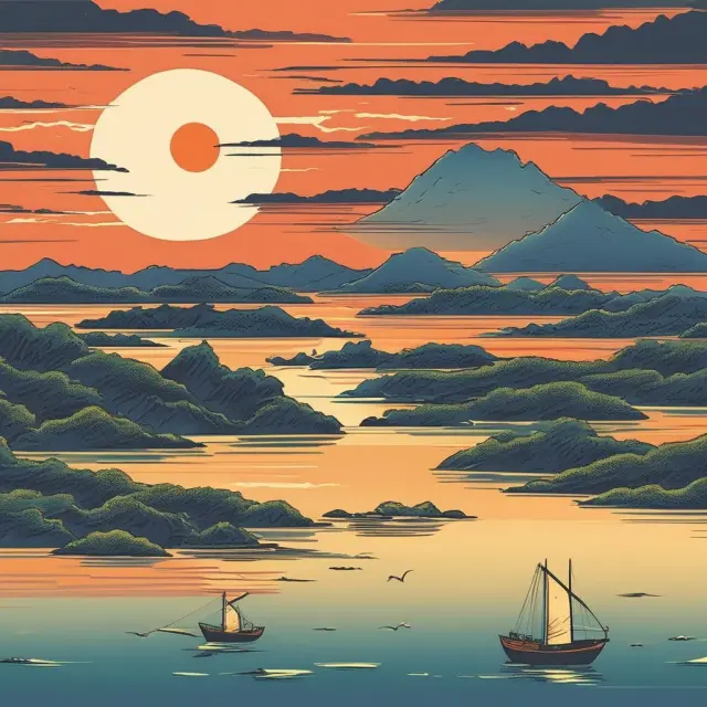 An aging sun setting over a Japanese archipelago illustrates factors behind the country