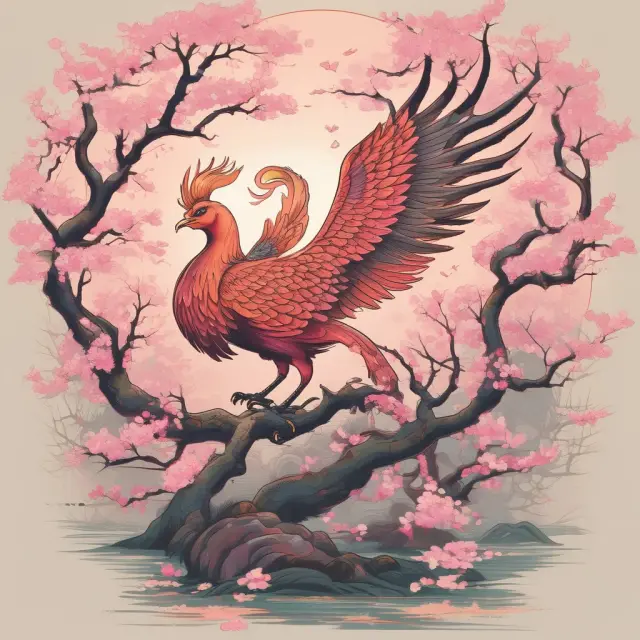 Image of a mythical phoenix arising from ashes surrounded by blooming cherry blossoms, illustrating Japan