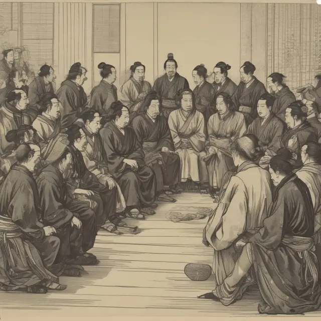 Samurais representing Japan Inc. in deep discussion, with one pointing towards rising graphs and the other to falling charts