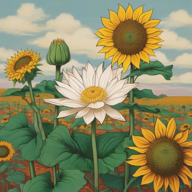 A sunflower field with a solitary blooming lotus flower representing Jasdaq among the established TSE companies