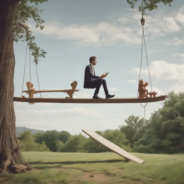 An entrepreneur balancing on a seesaw, depicting the benefits (left) and risks (right) of Junior Capital Pools.