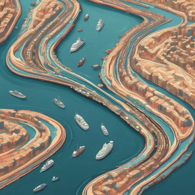Visualization of a J curve representing the trade balance changes during currency devaluation. Import and export volumes depicted as interconnected vessels in a river.