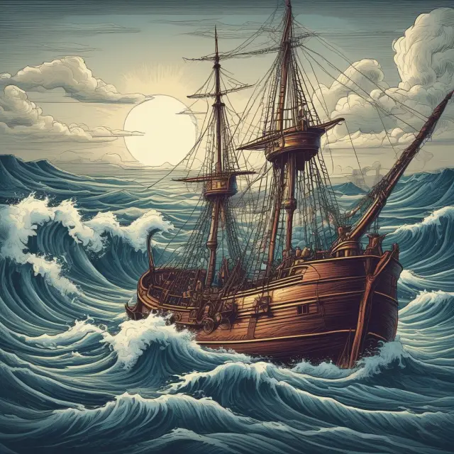 A navigator skillfully navigating a J-shaped curve in stormy economic waters, symbolizing effective risk management during periods of currency instability