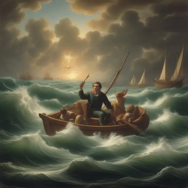 Jean-Baptiste Say navigating through rough waters with books, symbolizing his career transition from the French government to teaching political economy