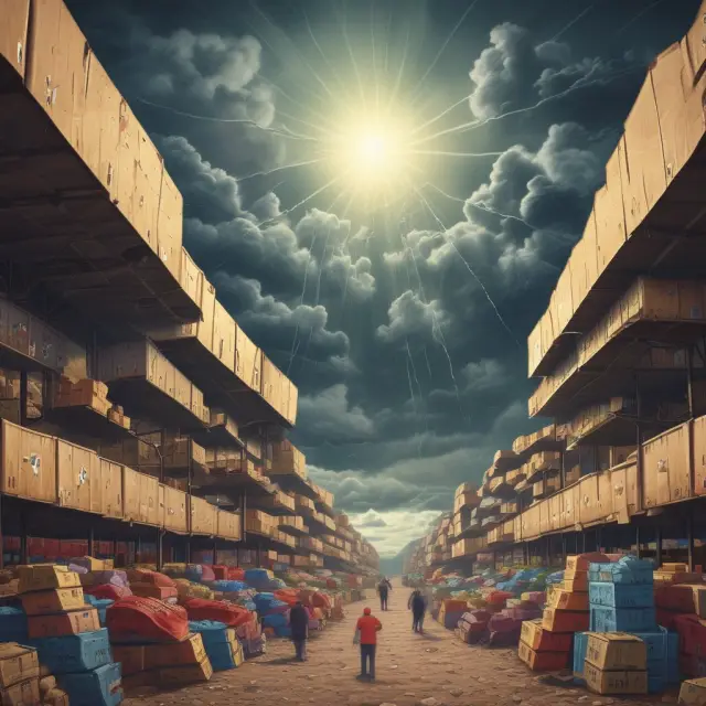 An image depicting Malthusian rainclouds representing persistent economic glut and Keynesian sun rays stimulating a dormant market, illustrating the debates surrounding Say
