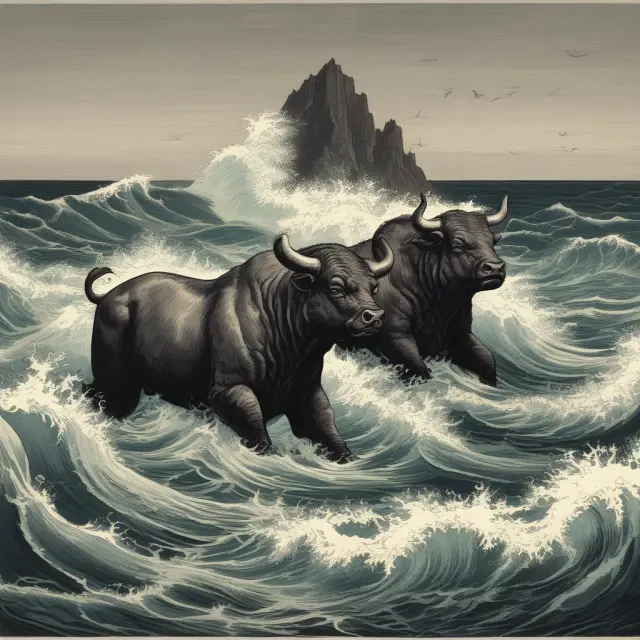 Bull and bear figures navigating a stormy sea to illustrate the challenges of managing risk in volatile markets